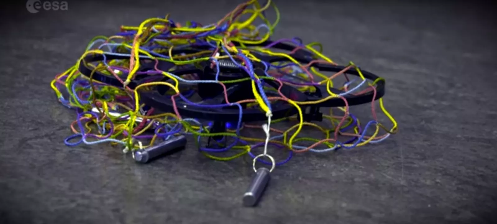 The drone tangled in the capture net