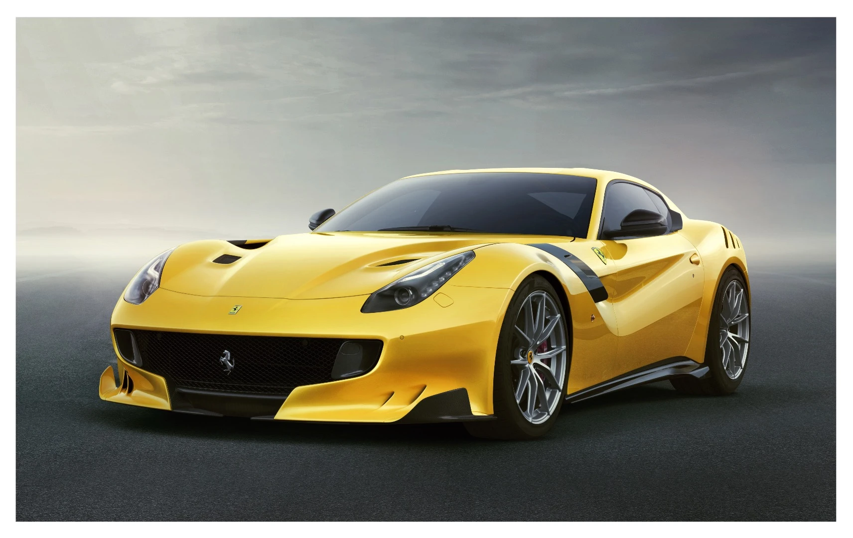 The F12's front bumper design includes a splitter, dive planes, floor wings and louvers