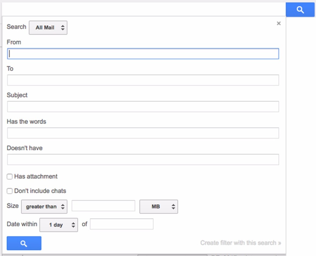 Gmail's search box lets you dial in your searches by size, attachment and more