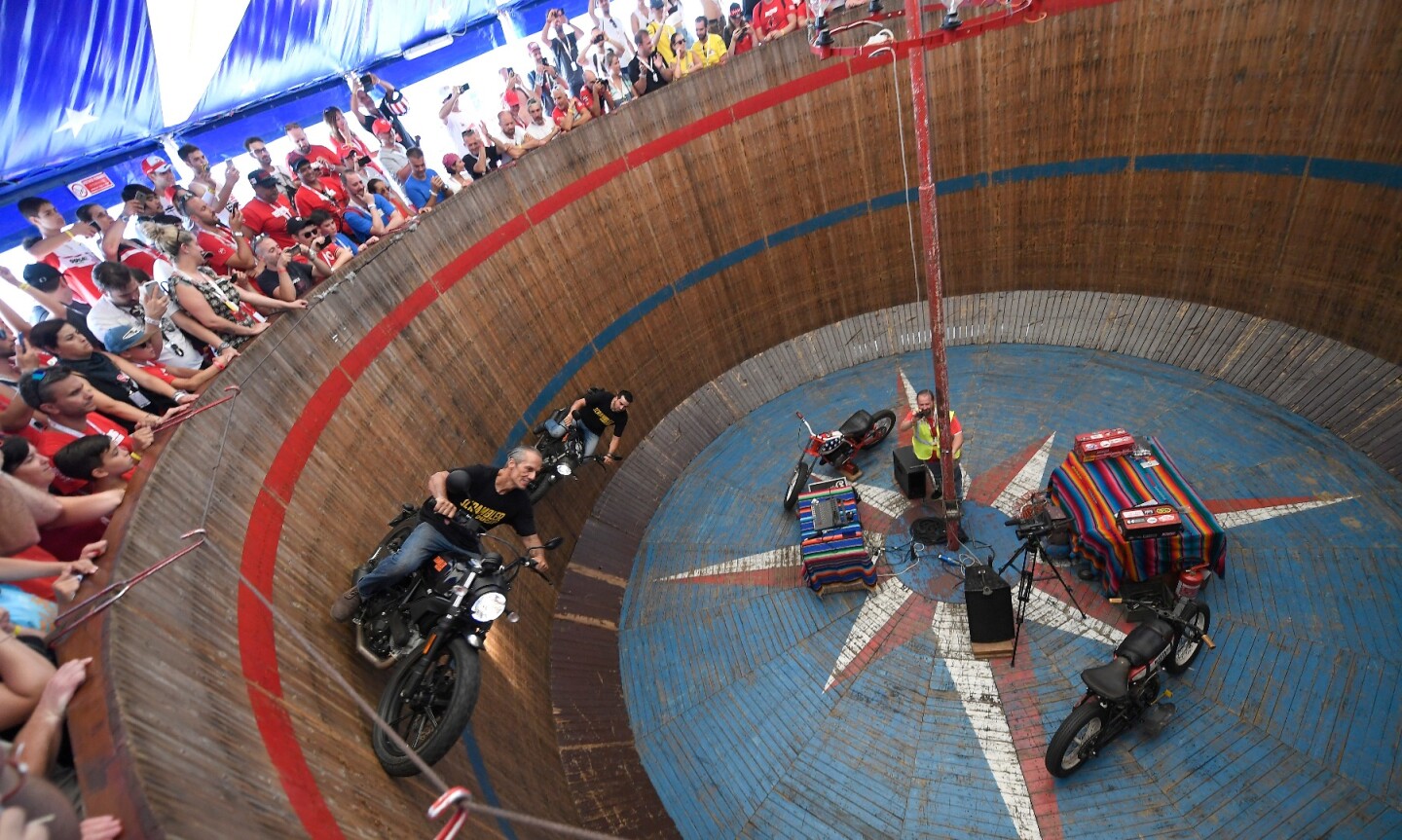 The age old carnival attraction sometimes known as the "wheel of death" was one of the attractions of World Ducati Week 2018