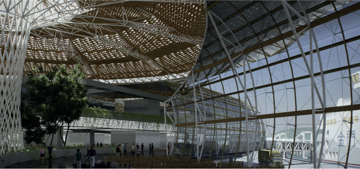 The design of Spanish firm Mias Architects won an Honorable Mention, involving large umbrellas that would be covered in glass, fabric or solar panels and give the terminal a train station feel with open air arrival and departure lobbies