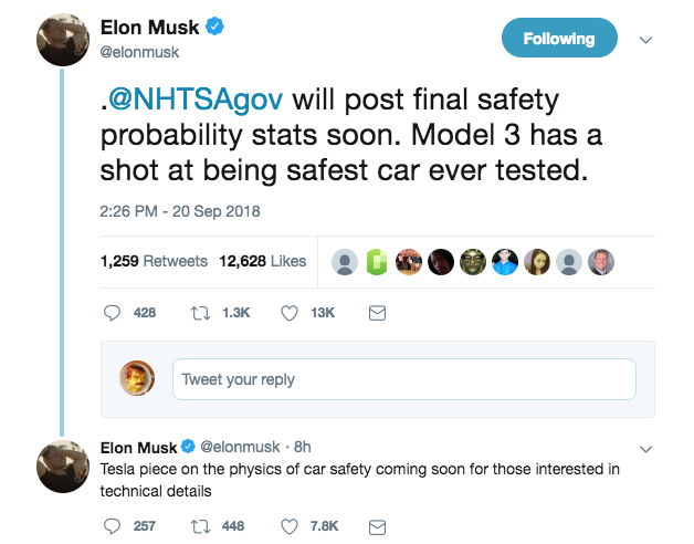 Elon Musk seems pretty optimistic about how his mass market sedan will fare in crash testing when the final results come in