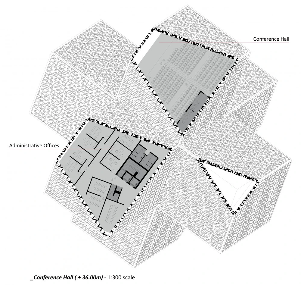 The structure's interior boasts a multi-level space that is connected through a central point (image: OODA)