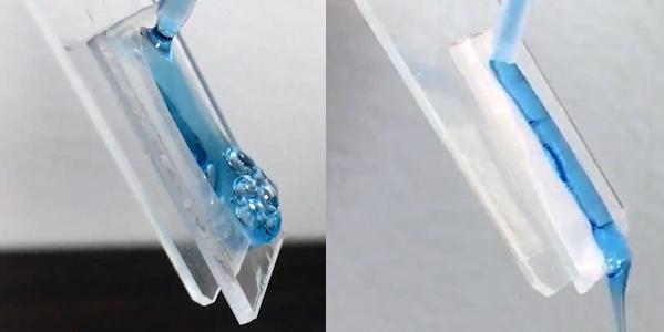 Unlike regular uncoated polypropylene plastic (left), which develops a strong surface tension with soap and leaves the soap molecules sticking to the walls of the bottle, soap and shampoo slides right off the coated material