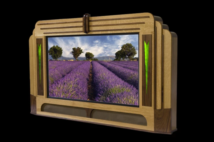 The Paris showcase in white oak and black walnut ... gives your flat screen TV a personality and style of its own