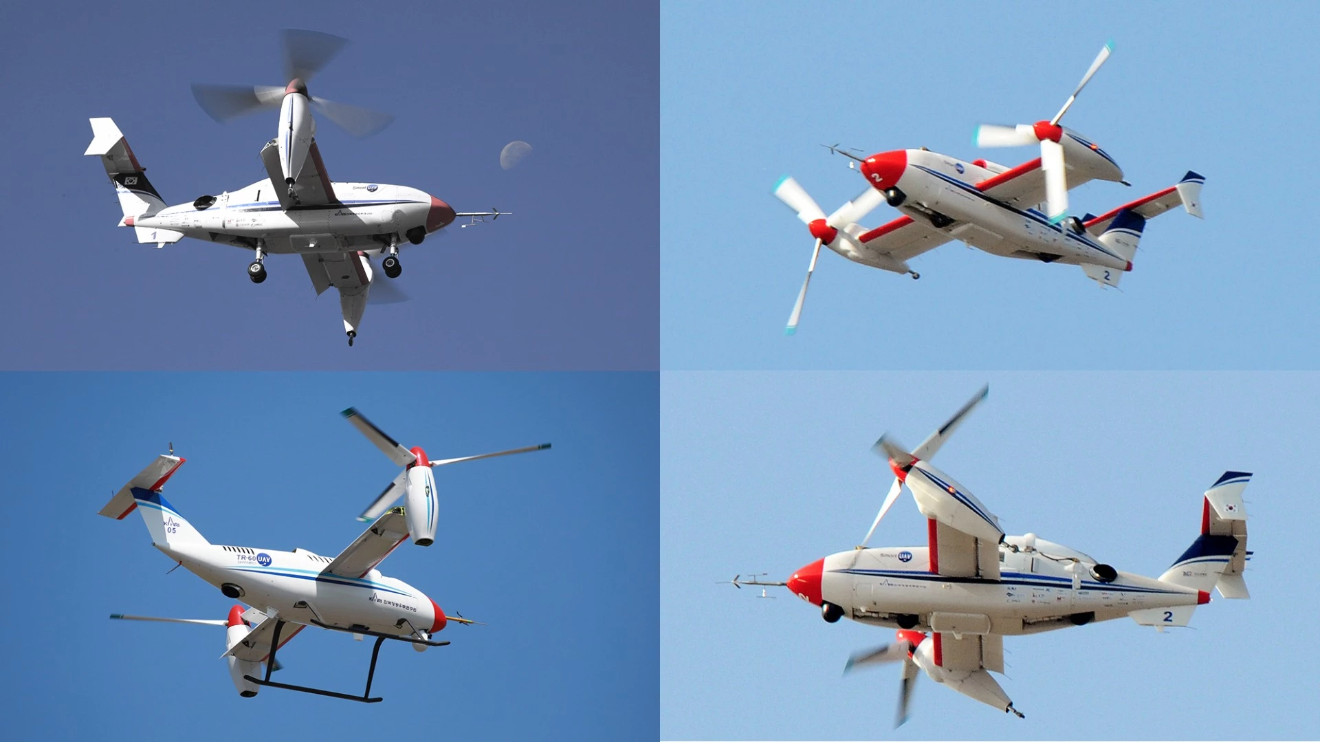 The Korean Aerospace Research Institute's TR-60 VTOL UAV (bottom left) and TR-100 VTOL UAV (top left and top/bottom right)