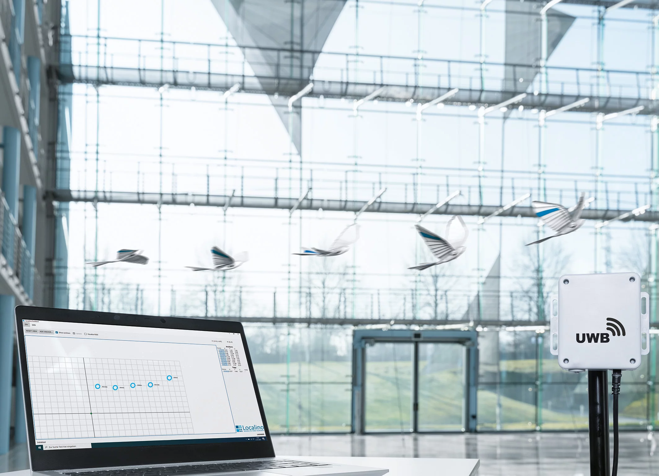 Radio modules installed around the room serve as anchors to help with bird location tracking