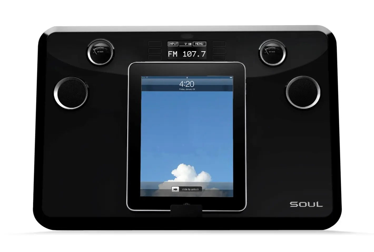 The Party in a box P910 features an integrated 30-pin dock for iPhone, iPod or iPad