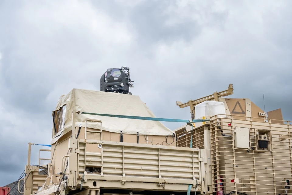 The Raytheon laser weapon turret integrated on the armored vehicle