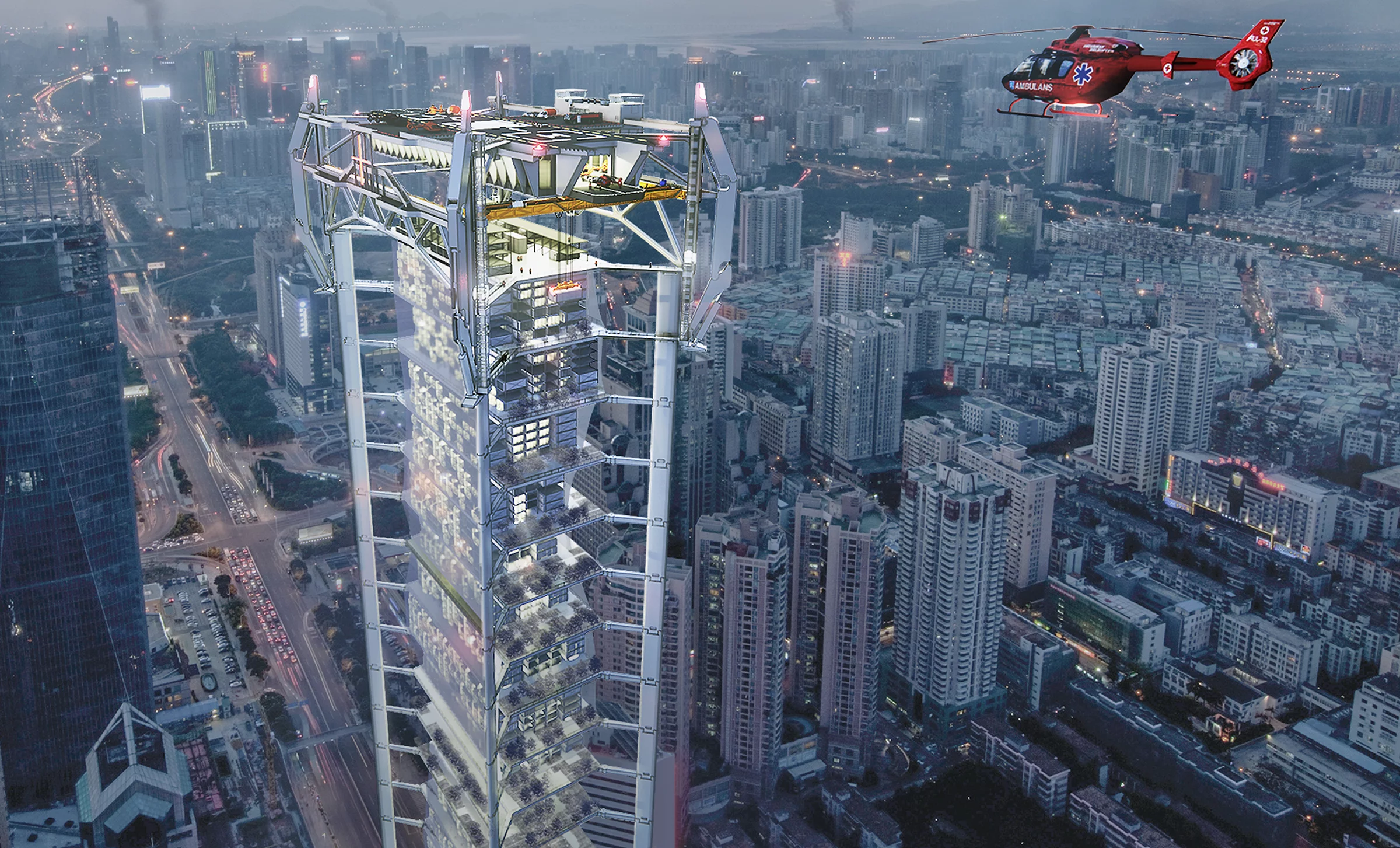 Self-built Air Hospital was designed by China's Yang Xiaopeng. It envisions a tower-based temporary modular hospital for those seriously injured in the Ukraine war