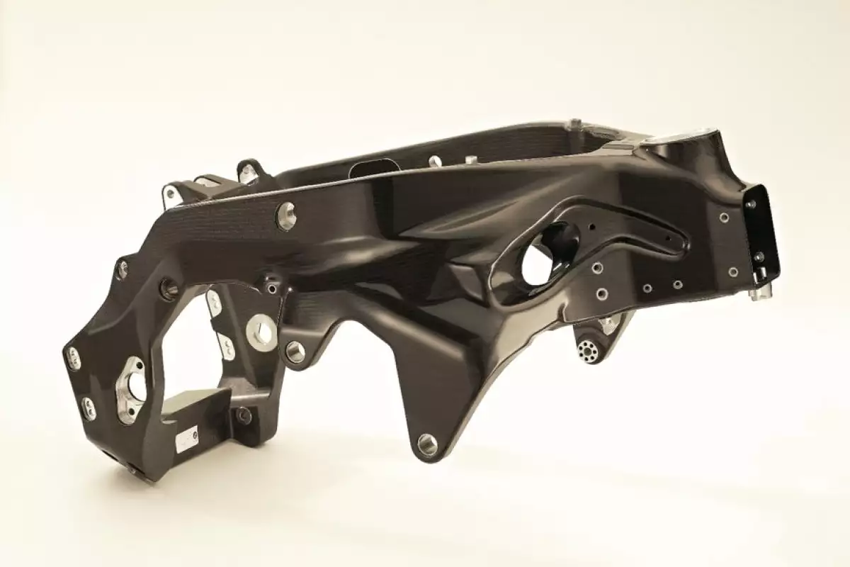 The carbon frame from 2017's BMW HP4 Race - hopefully new production techniques will bring lots more of these lightweight carbon chassis components