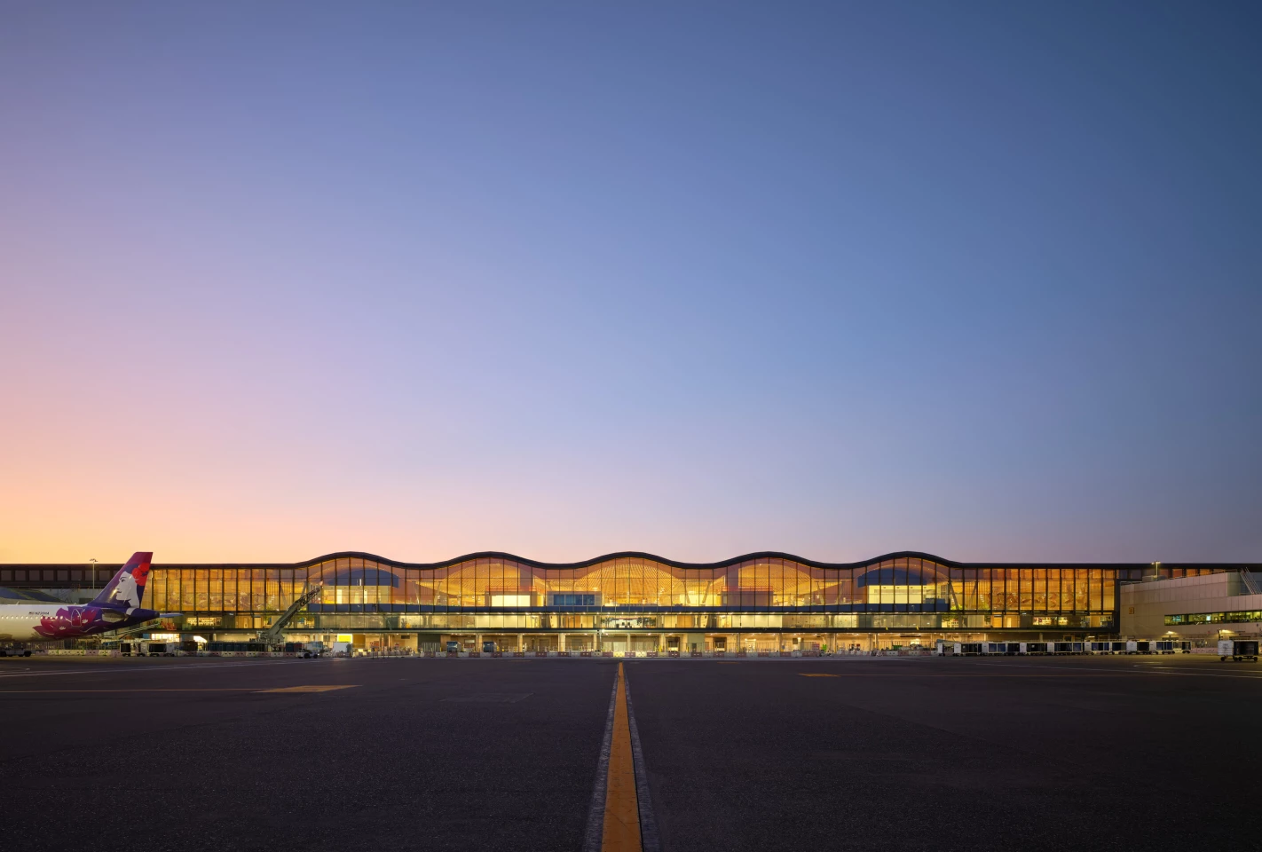 Portland International Airport's main terminal features a huge timber undulating roof measuring 9 acres (3.6 hectares)