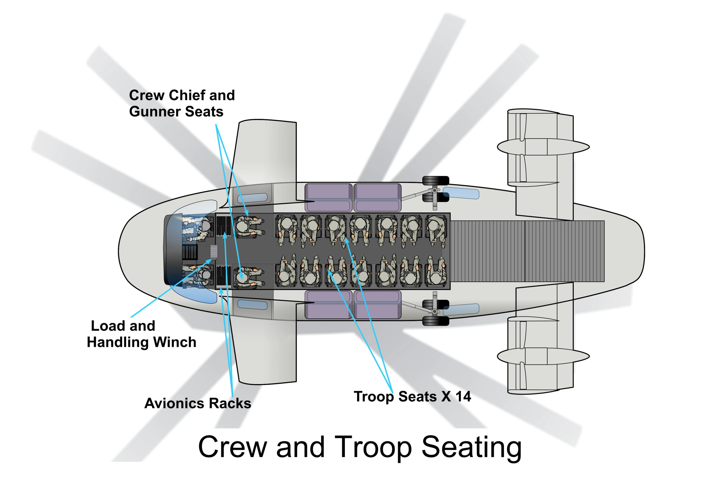 AVX Aircraft in Utility-Transport configuration showing floor plan for troop (14) seating.