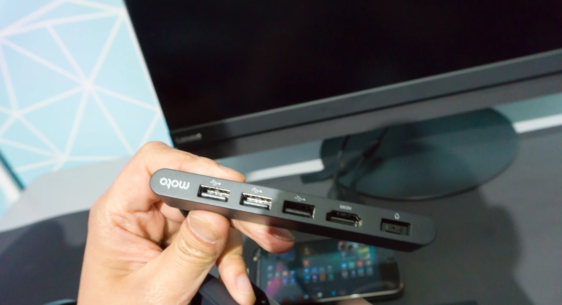 The OneCompute concept module turns the phone into a hub for a desktop PC, with connectors for HDMI and USB