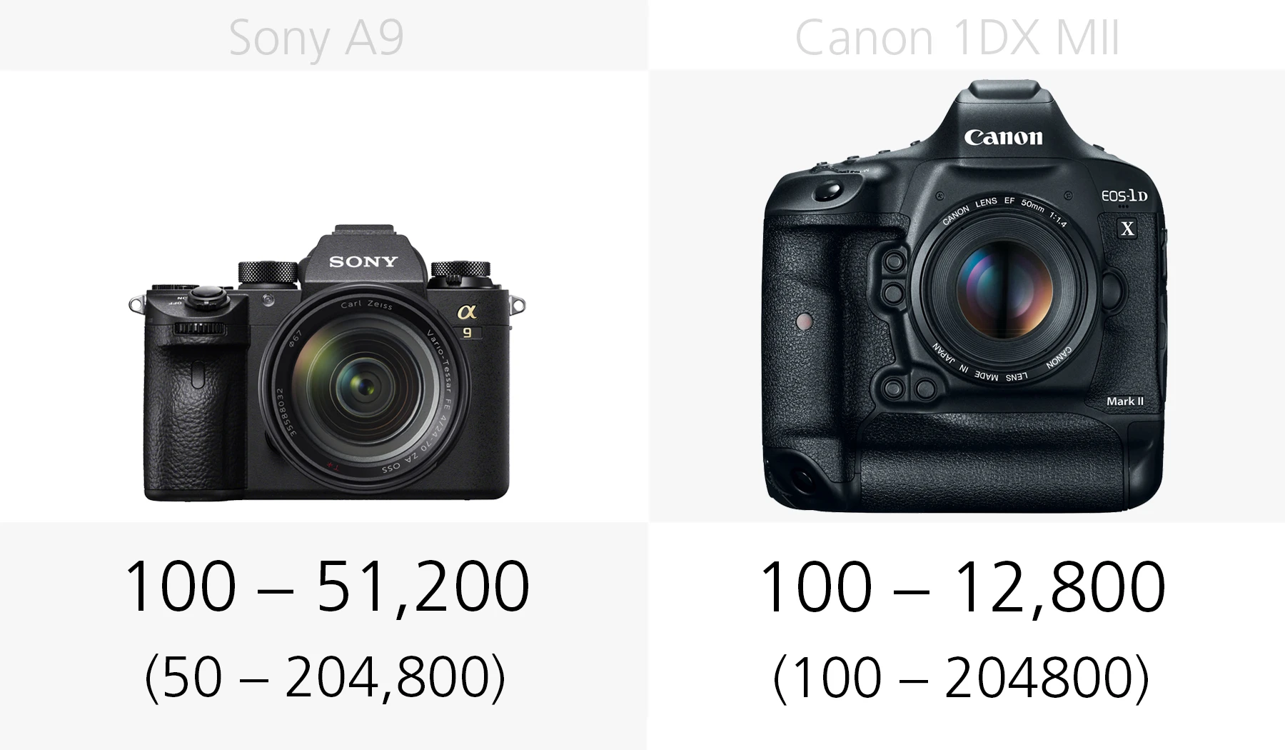 Comparing the ISO ranges of the Sony A9 and Canon 1DX Mark II