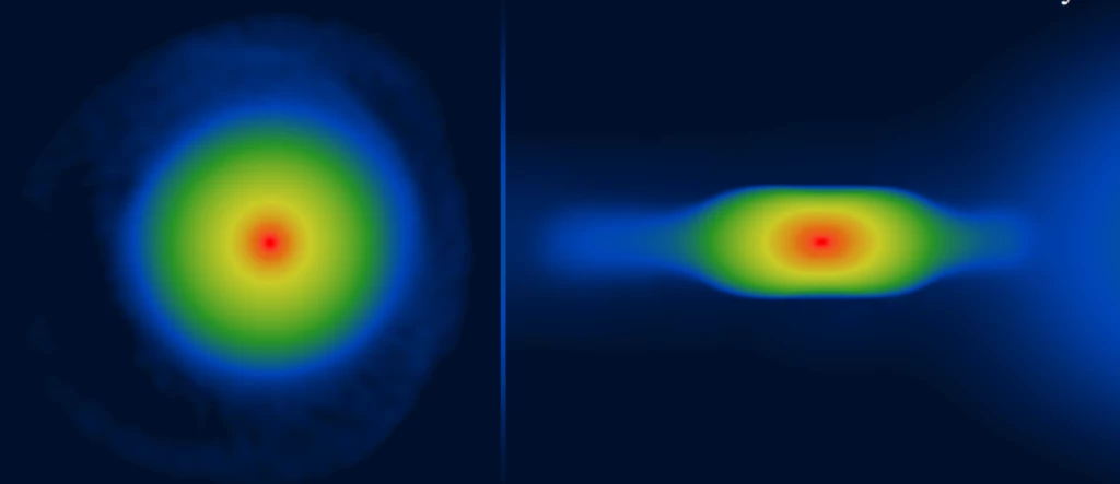 Simulated images of a "flat" protoplanet shown from above (left) and side-on (right)