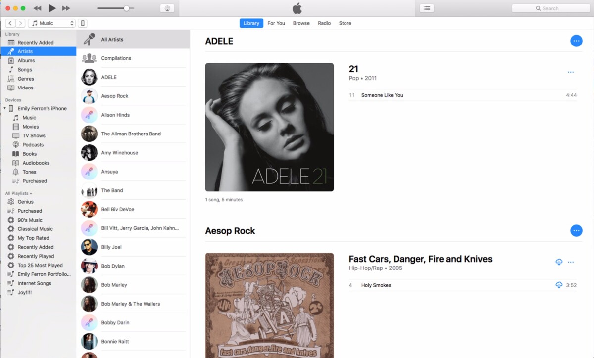 Desktop version of iTunes. Notice the connected device listed on the left.