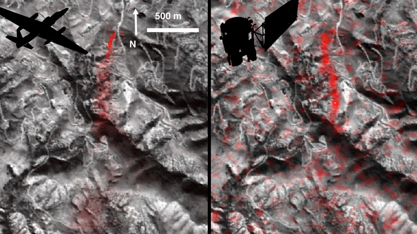 Comparison of detected methane plumes over Aliso Canyon, California, acquired 11 days apart in Jan. 2016. On the left, as captured by NASA's AVIRIS NASA ER-2 aircraft and on the right by the Hyperion instrument on NASA's Earth Observing-1 satellite in low-Earth orbit.