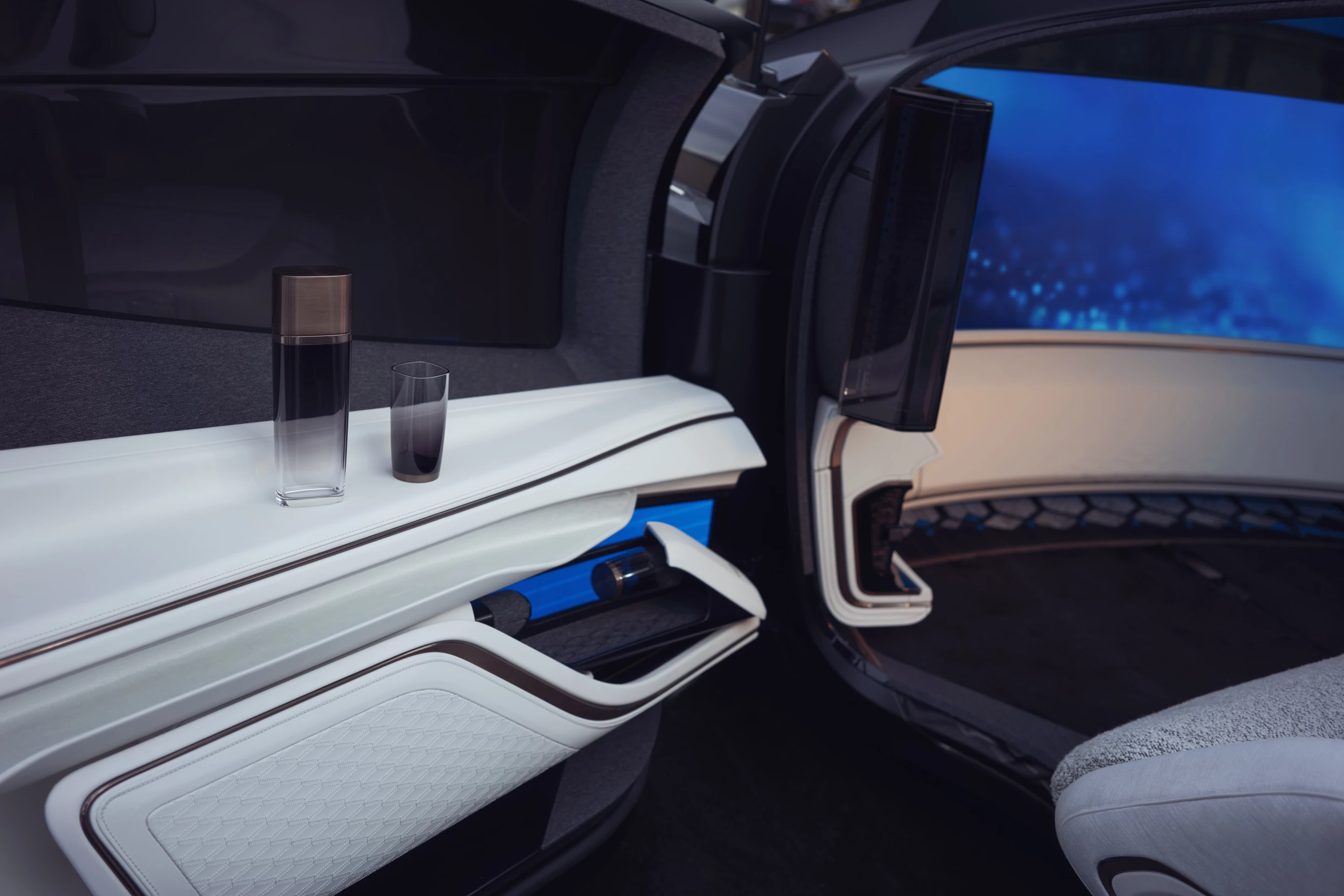 Refreshments seem necessary in a mobile lounge like this one