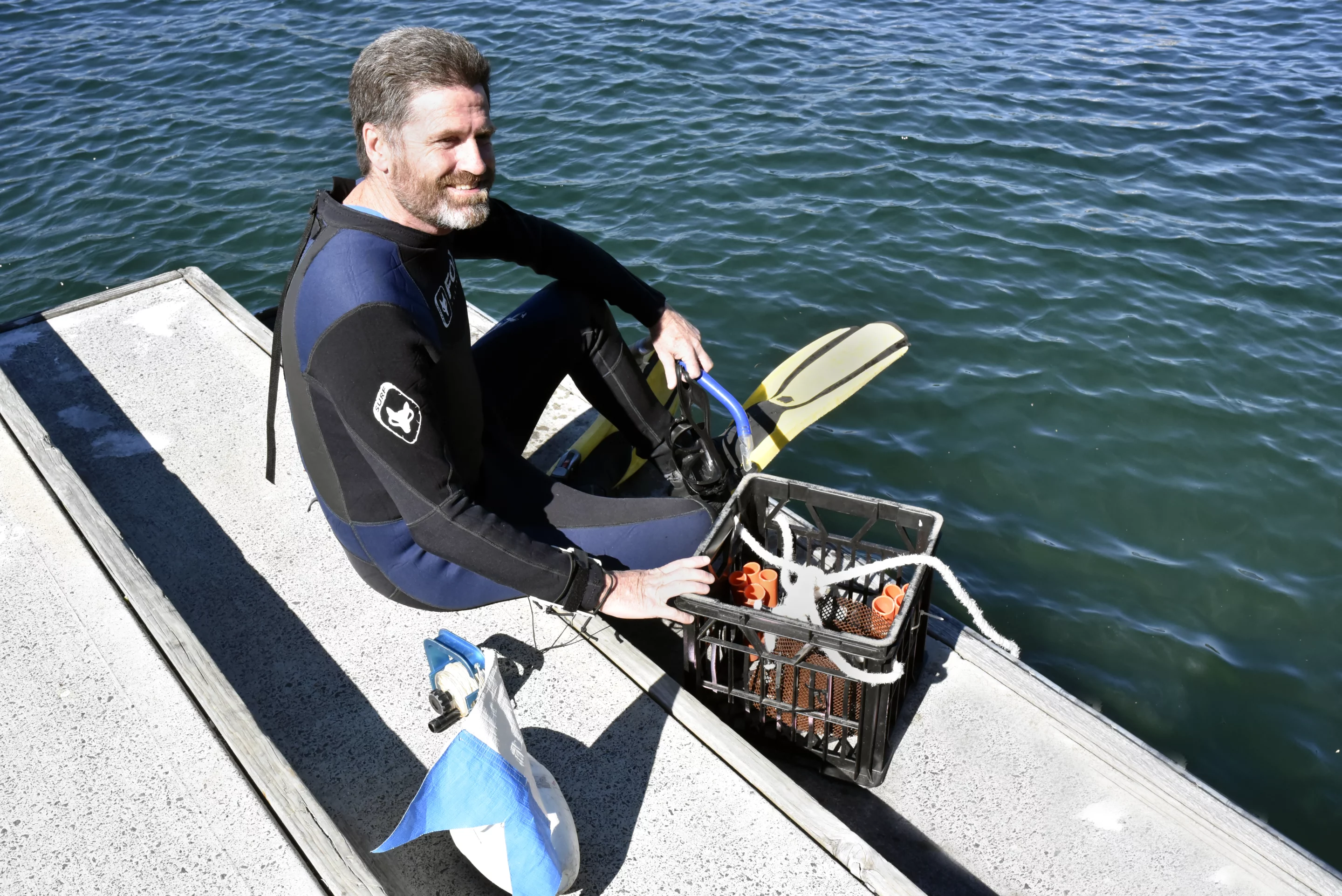 David Booth, a professor of Marine Ecology at the University of Technology Sydney, prepares to enter the water at Sydney harbor