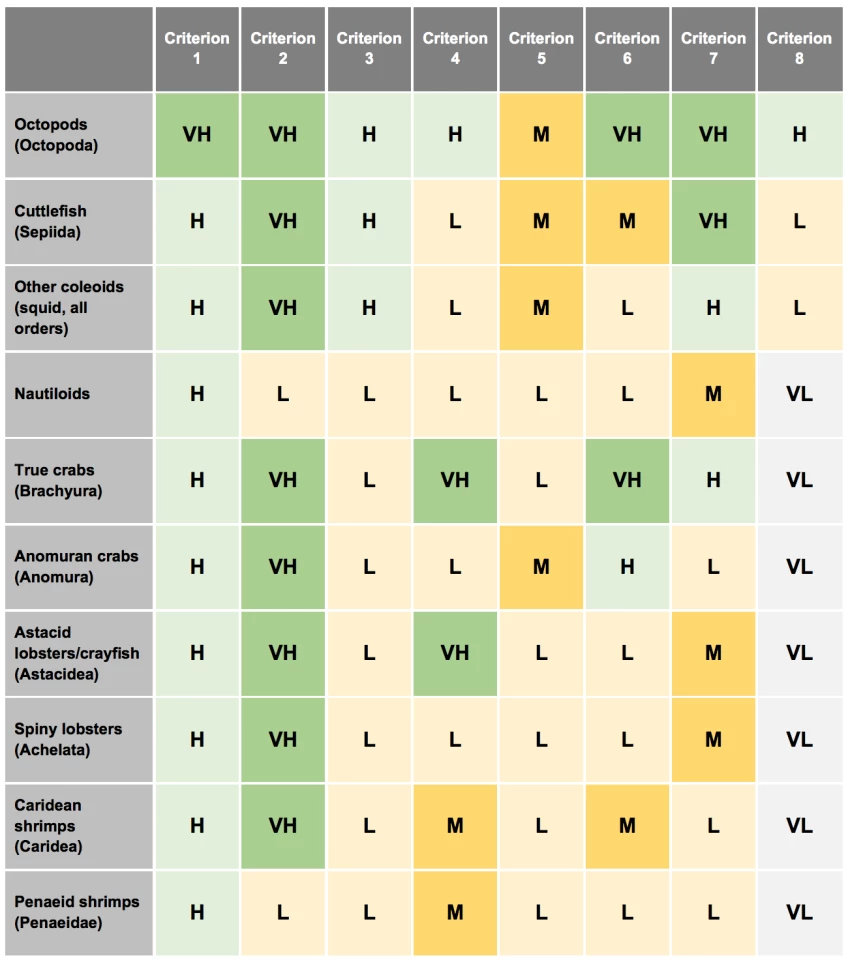 A table in the report ranking different animal groups sentience across the eight criteria from VH (very high confidence) to VL (very low)