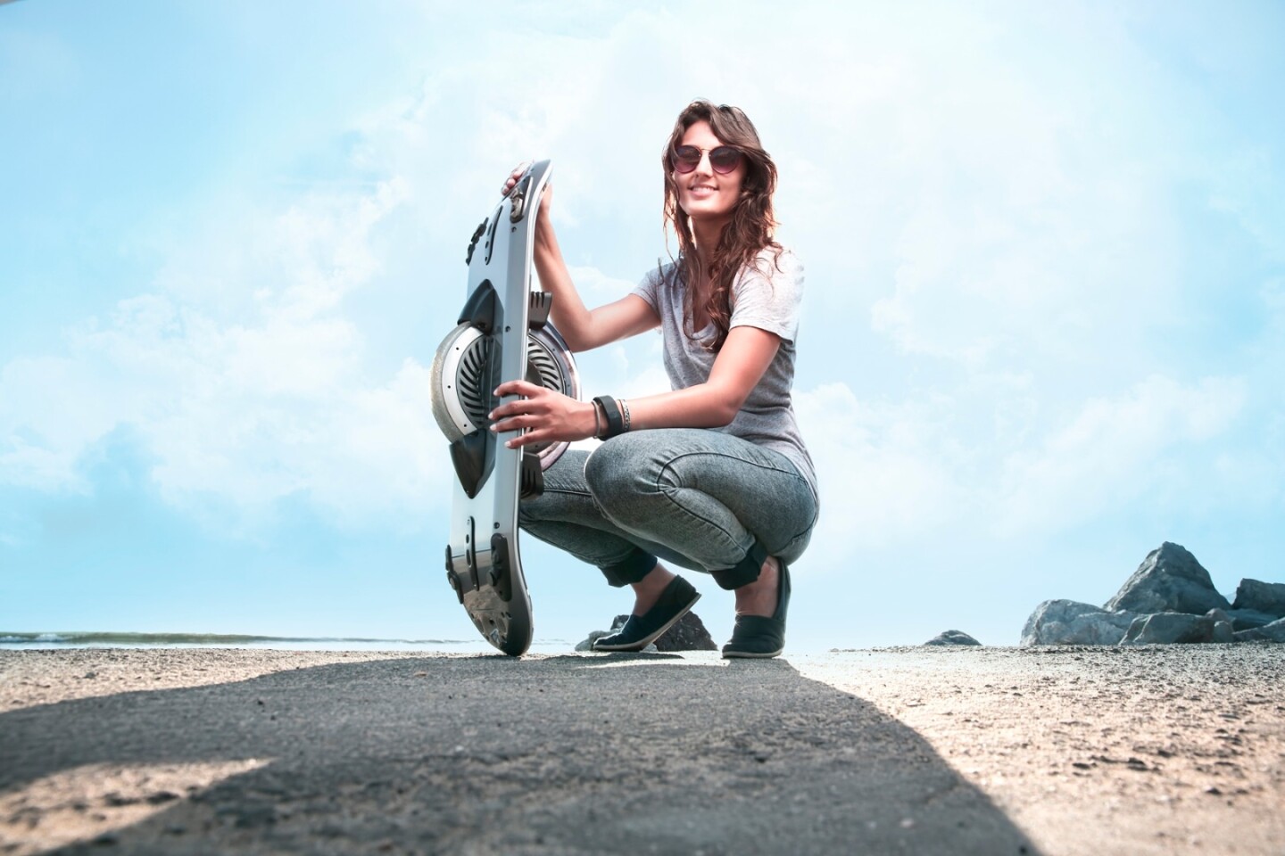 The Hoverboard has a 10-in wheel, with users leaning forward to accelerate and backwards to decelerate or change direction
