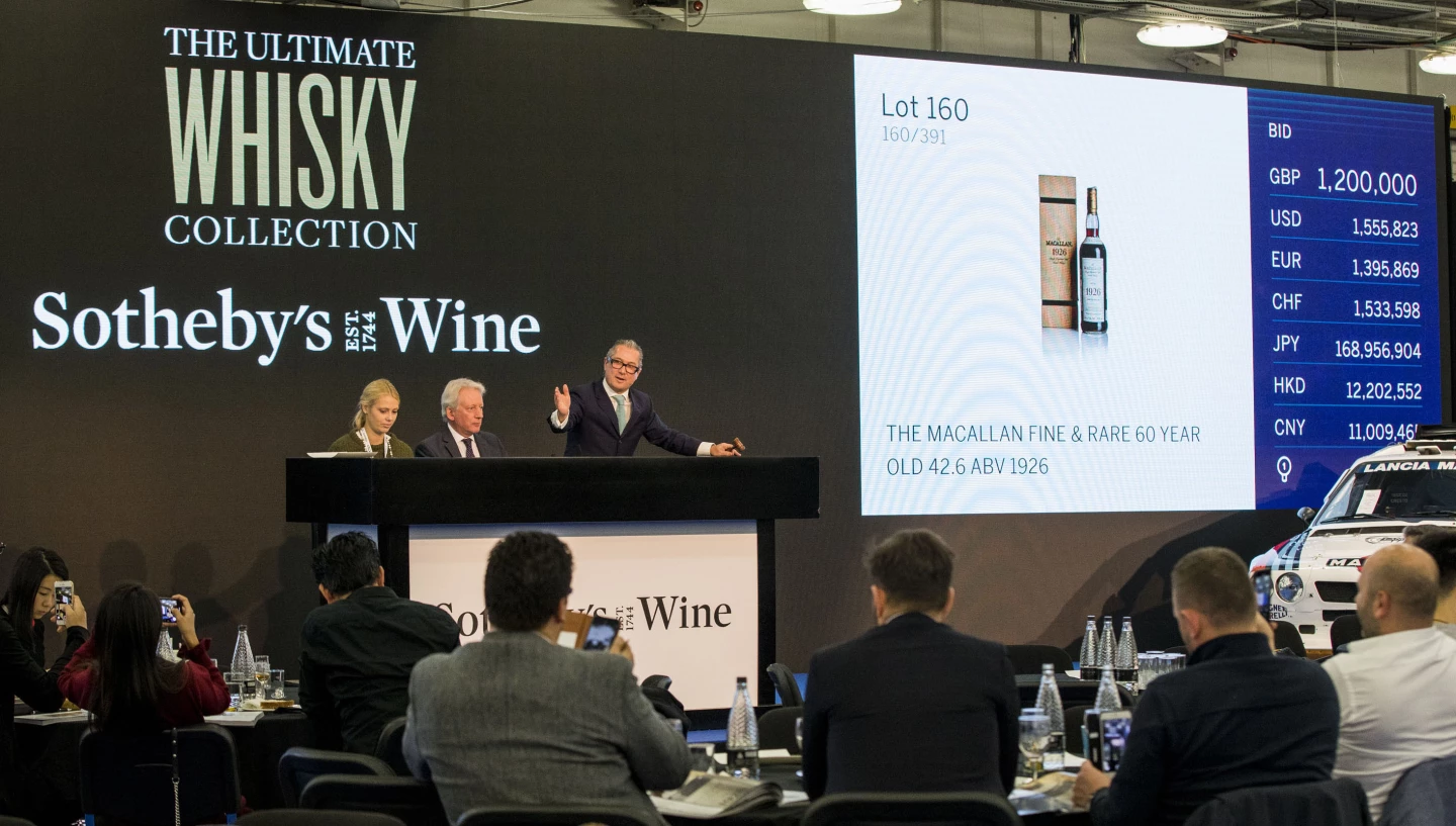 The world record price for a bottle of whisky was set on October 24, 2019 at a Sotheby’s auction in London when a bottle of Macallan 1926 60-year-old Fine & Rare sold for £1,452,000 (US$1,860,307)