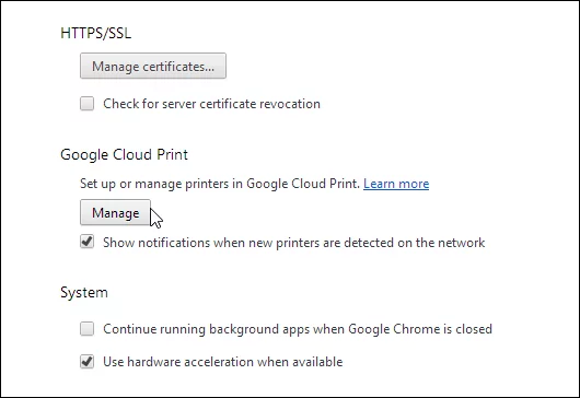 Manage Google Cloud Printers in advanced Chrome settings