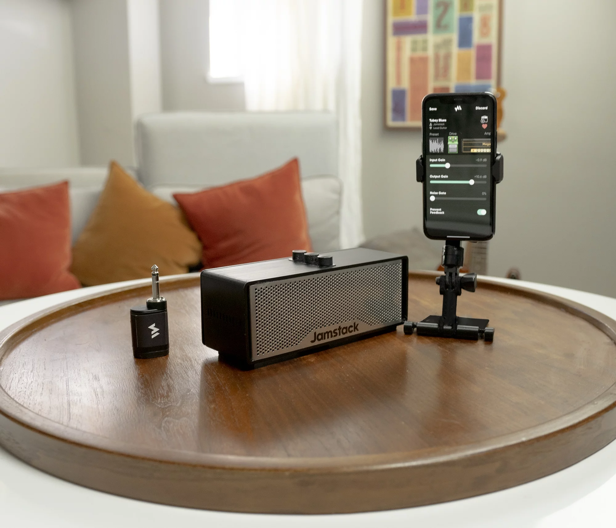 A smartphone running a companion mobile app can be mounted within easy reach