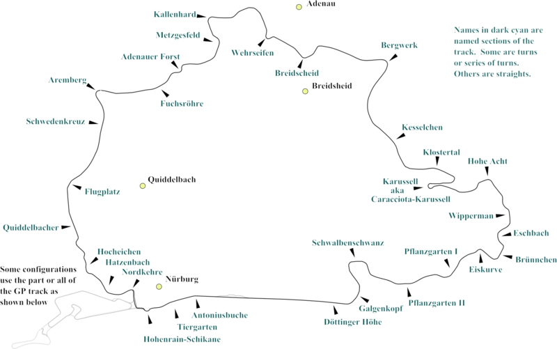A map of the Nordschleife, the larger of two tracks at Nurburgring