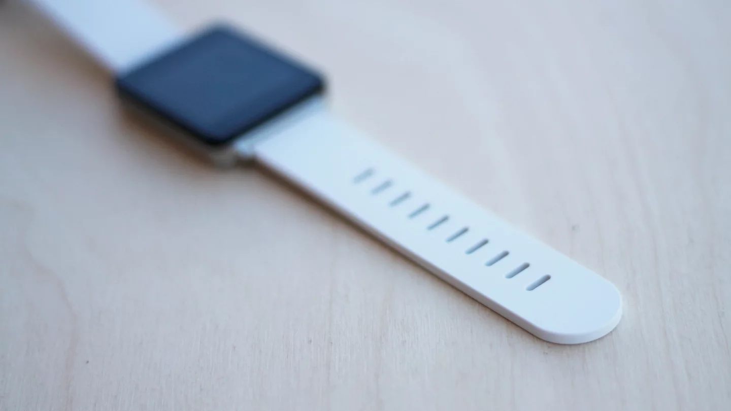 The G Watch has a rubbery band (also available in black)