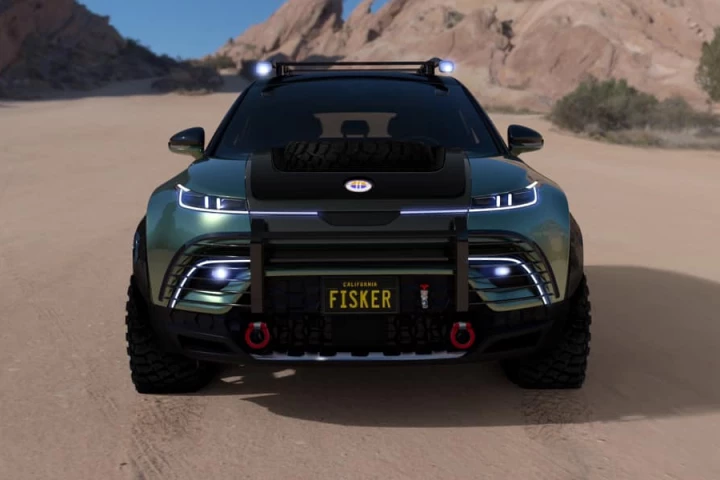 Fisker takes advantage of the empty engine bay to build a spare tire holder and add a fresh water system