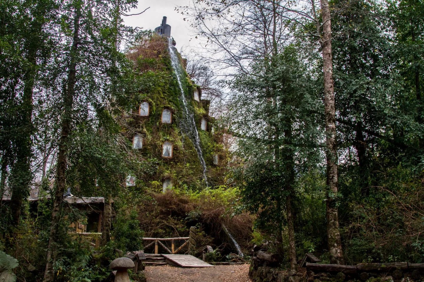 Huilo Huilo's strangest offering is a cone-shaped hotel spouting a continuous stream of water that cascades down its shrubby exterior