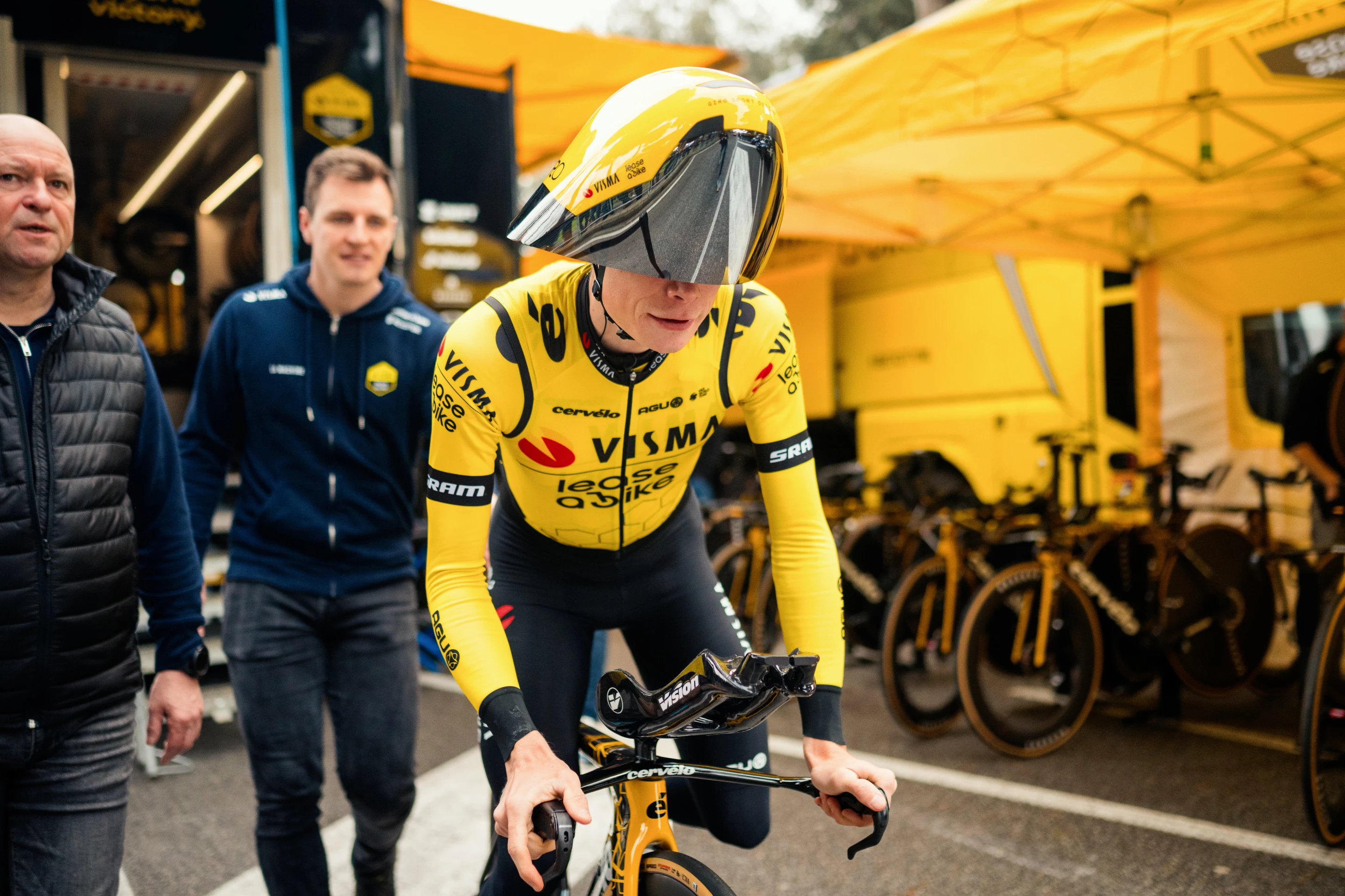 When the rider is tucked down, they look forward through a transparent visor which wraps around the entire underside of the helmet's nose