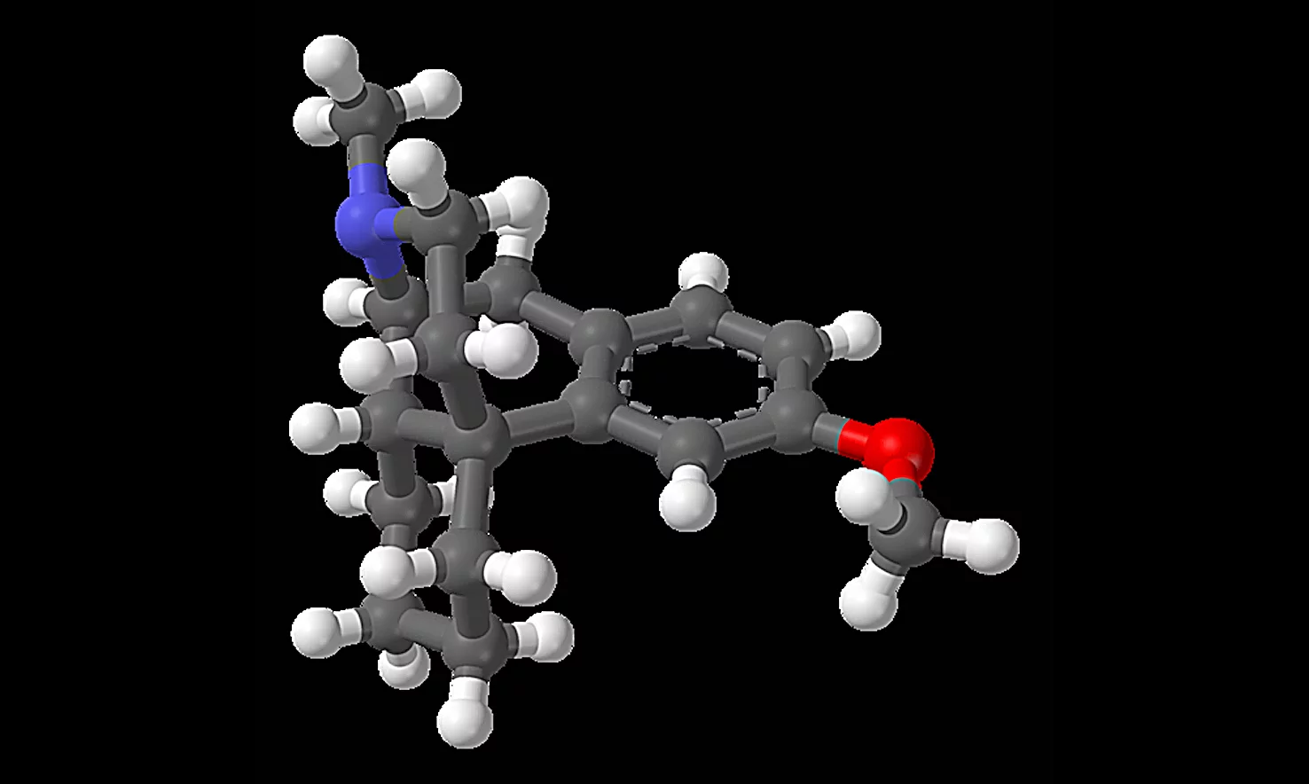 Ball and stick model of dextromethorphan - gray are carbon atoms, white are hydrogen, blue is nitrogen, and red is oxygen