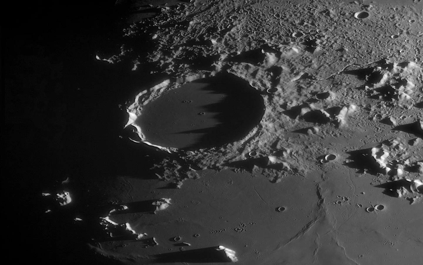 Winner - Moon. Shadow Prifle of Plato's East Rim. St Albans, Hertfordshire, UK. Home-built 444 mm Dobsonian Newtonian reflector telescope, home-built Equatorial Tracking Platform mount, Astronomik 642nm IR filter lens, ZWO ASI174MM camera, 12.8 m f/29, multiple 29-millisecond exposures