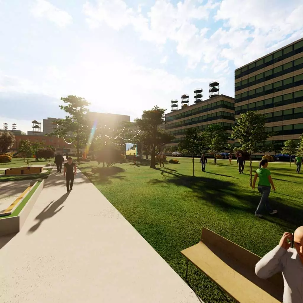 KOA's urban campground vision ties together park space, enhanced recreational attractions and building roofs into a functional campground