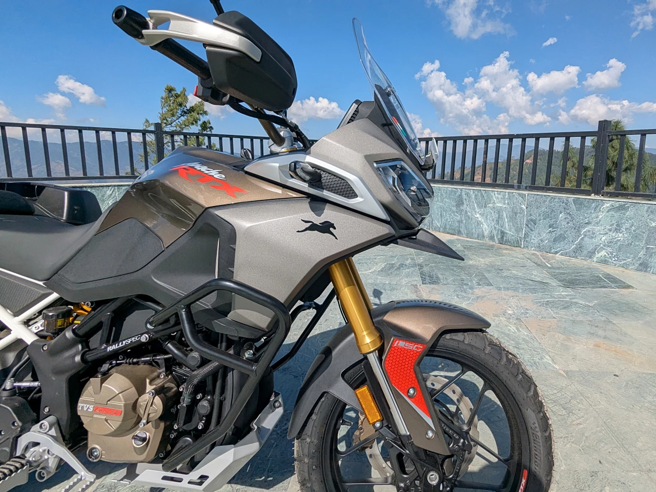 For the eagle-eyed , There’s definitely a hint of Triumph Tiger and Honda Transalp in the TVS RTX