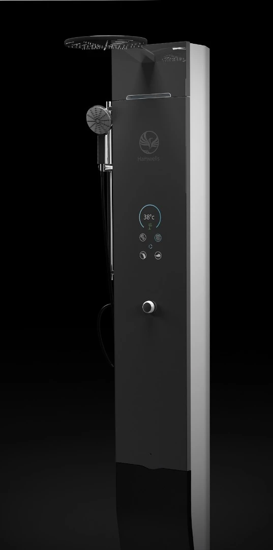 The e-Shower is able to deliver 15 l (3.3 gal) of water per minute while using only 1.5 l (0.3 gal) per minute