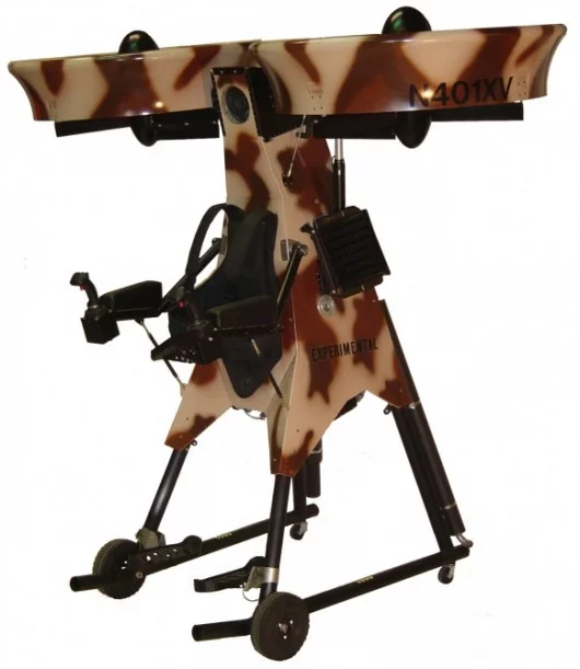 With an empty weight of 375 pounds (170 kilograms), the Springtail Exoskeleton Flying Vehicle can carry a payload of 358 pounds (162 kilograms). With a full tank, the maximum take off weight is 834 pounds (378 kilograms)