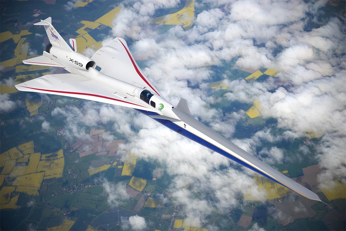 An artist's impression of NASA and Lockheed Martin's X-59 supersonic aircraft in flight over land