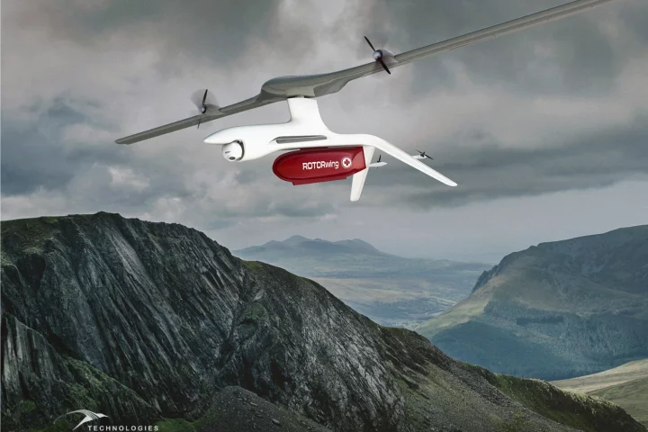 A rendering of the commercial version of the ROTORwing drone, with its gimbal-mounted camera and red cargo compartment