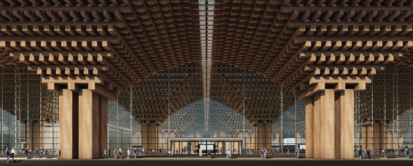 Suvarnabhumi International Passenger Terminal II's facade is defined by large wooden columns and an upside-down pyramid motif
