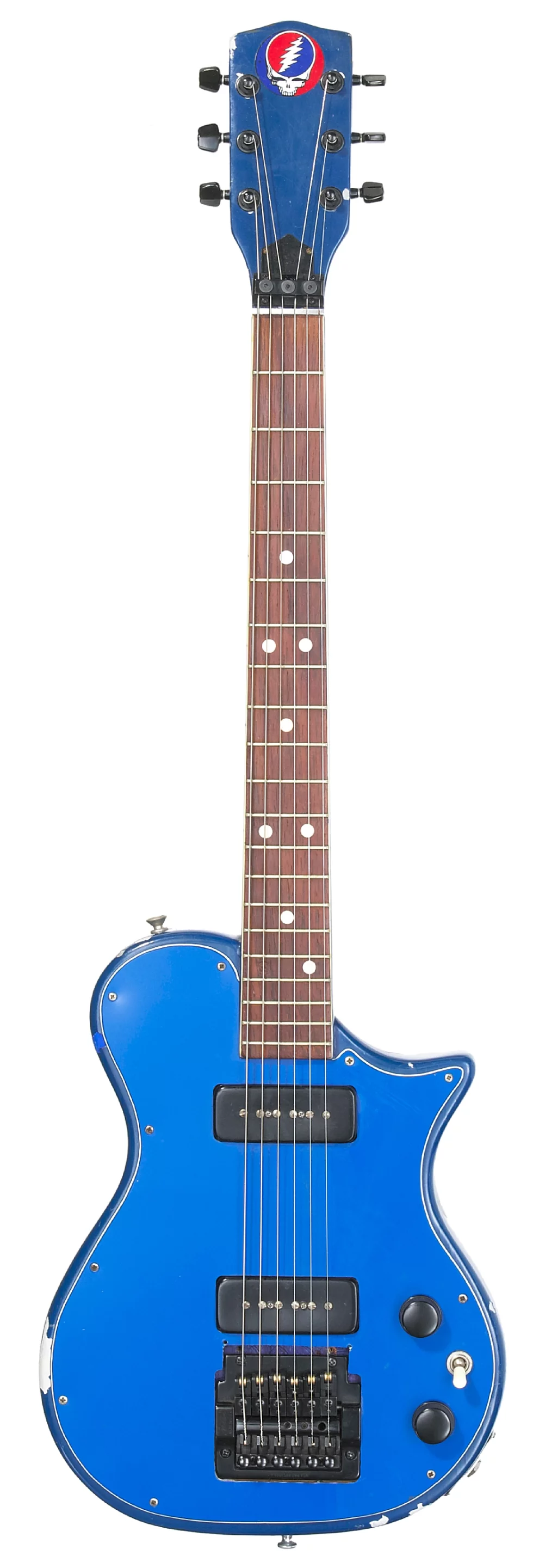 The solid body sky blue electric that Garcia apparently called "trainer" - bought and modified by Garcia for the son of Grateful Dead manager, Rock Scully