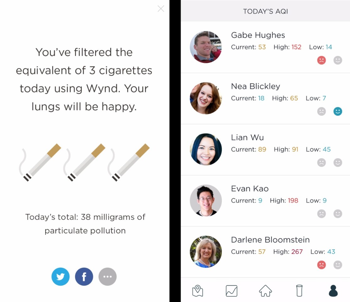A detachable, clip-on tracking module senses particles in the air from sources such as smoke, bacteria, mold spores, smog and allergens and reports data to a companion smartphone app