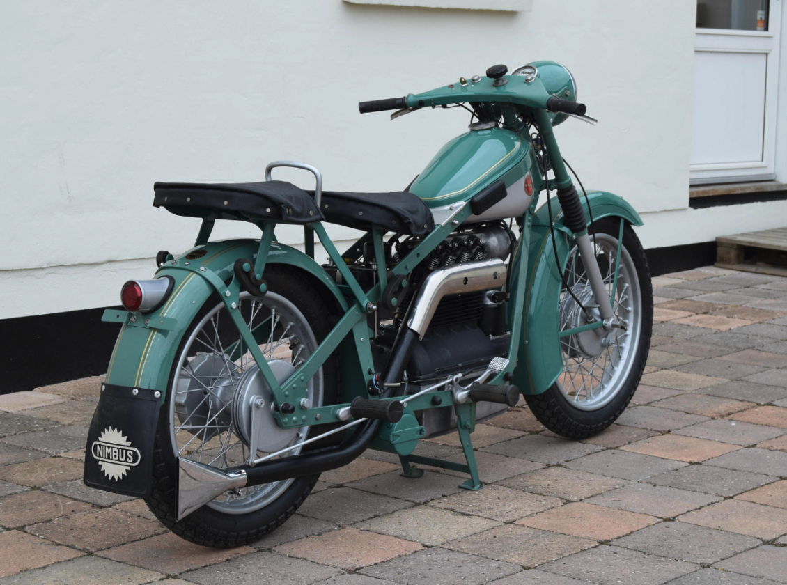 Produced as a sideline by Danish vacuum cleaner manufacturer, Fisker & Nielsen, the Nimbus 750 first appeared in 1919, and was produced in limited quantities until 1954, with only a few bikes produced after 1954 by assembling spare parts. There were several of these remarkable machines sold at Stafford with the above machine being one of the last produced (1953) and the equal most expensive of the group at just $12,000 - a pittance considering the astonishing work performed in restoring the bike to new condition at Aarhus Nimbus in Denmark. Just 12,000 were produced during the four decade production run, with more than 4000 still registered and active in Denmark, and many more coveted in other countries. The ability to purchase a machine of such technological excellence, rarity and near perfection for four figures is astonishing. Other Nimbus fours on offer at Stafford included 1938, 1939 and 1948 models. Auction Description