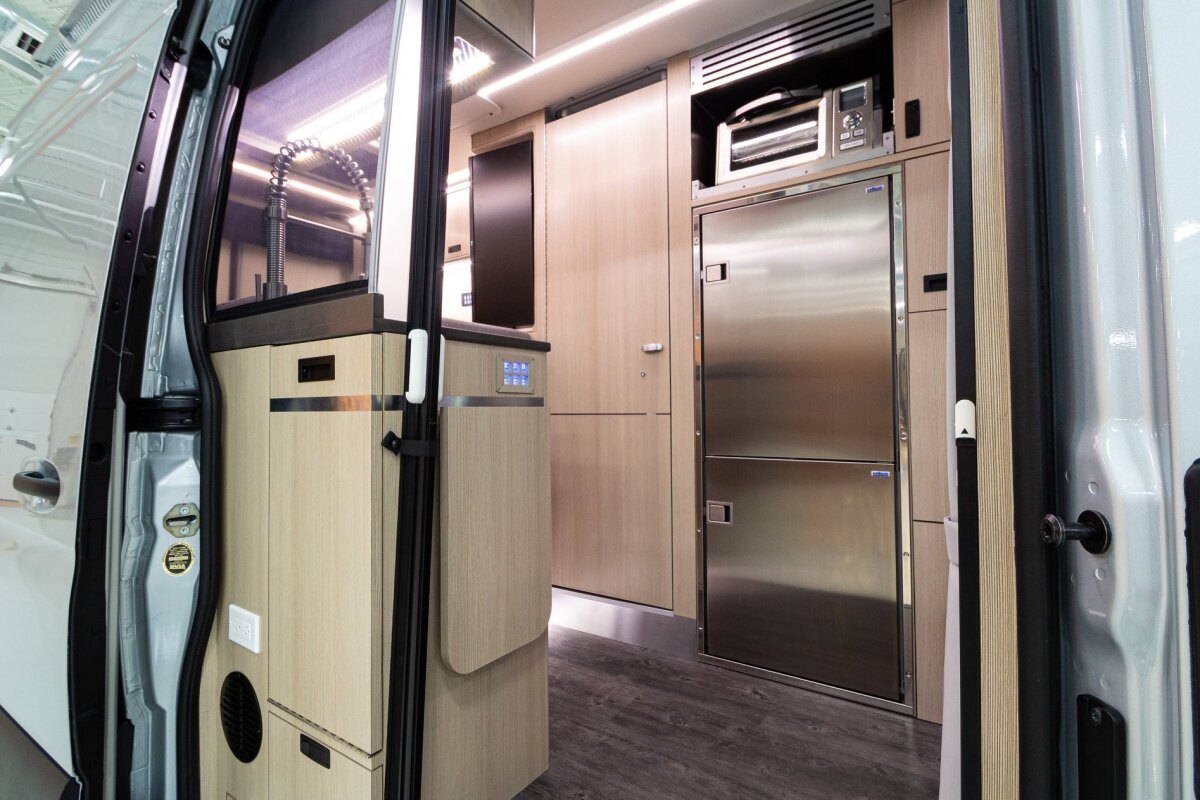 A look inside at the large Isotherm fridge and Cuisinart steam oven