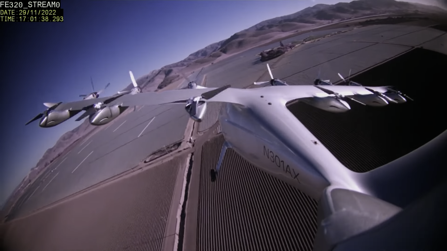 The Maker on the wing, with the front props fully horizontal and the rear props stopped