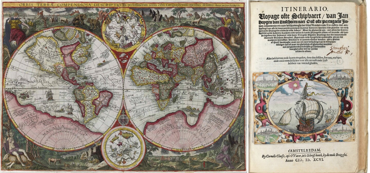 Itinerario Voyage ofte Schipvaert naer Oost ofte Portugaels Indien by Jan Huygen van Linschoten must have seemed like a treasure map to many when it was first published, as it contained all the information needed for the French, British and Dutch to break the Portuguese monopoly on trade in the East and West Indies. Jan Huyghen van Linschoten (1563 – 1611) was a Dutch trader who travelled extensively throughout these regions, and who was appointed as secretary to the Portuguese Viceroy in Goa between 1583 and 1588. Using the open access to the charts, archives, trading details and other closely held intellectual property of the Portugeuse Government which his position afforded him during this period, he copied it all and when he left the post, he wrote and published this book in 1596. The information contained within the published charts included the currents and depths, and other crucial navigational information which was used by the Dutch East India Company and British East India Company to break the 16th-century monopoly enjoyed by the Portuguese on trade with the East Indies. It sold for $247,500 at Christies in June 15, 2017