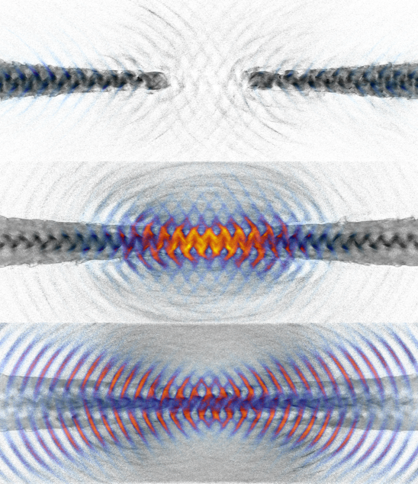 Simulated images show how the density of plasma (black and white) changes as it's struck with powerful lasers from either side. The colors represent different energies of gamma radiation produced as they collide